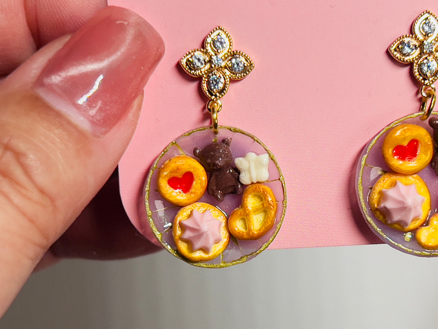 044 - Mini cookie and chocolate dangle earrings on light purple plate