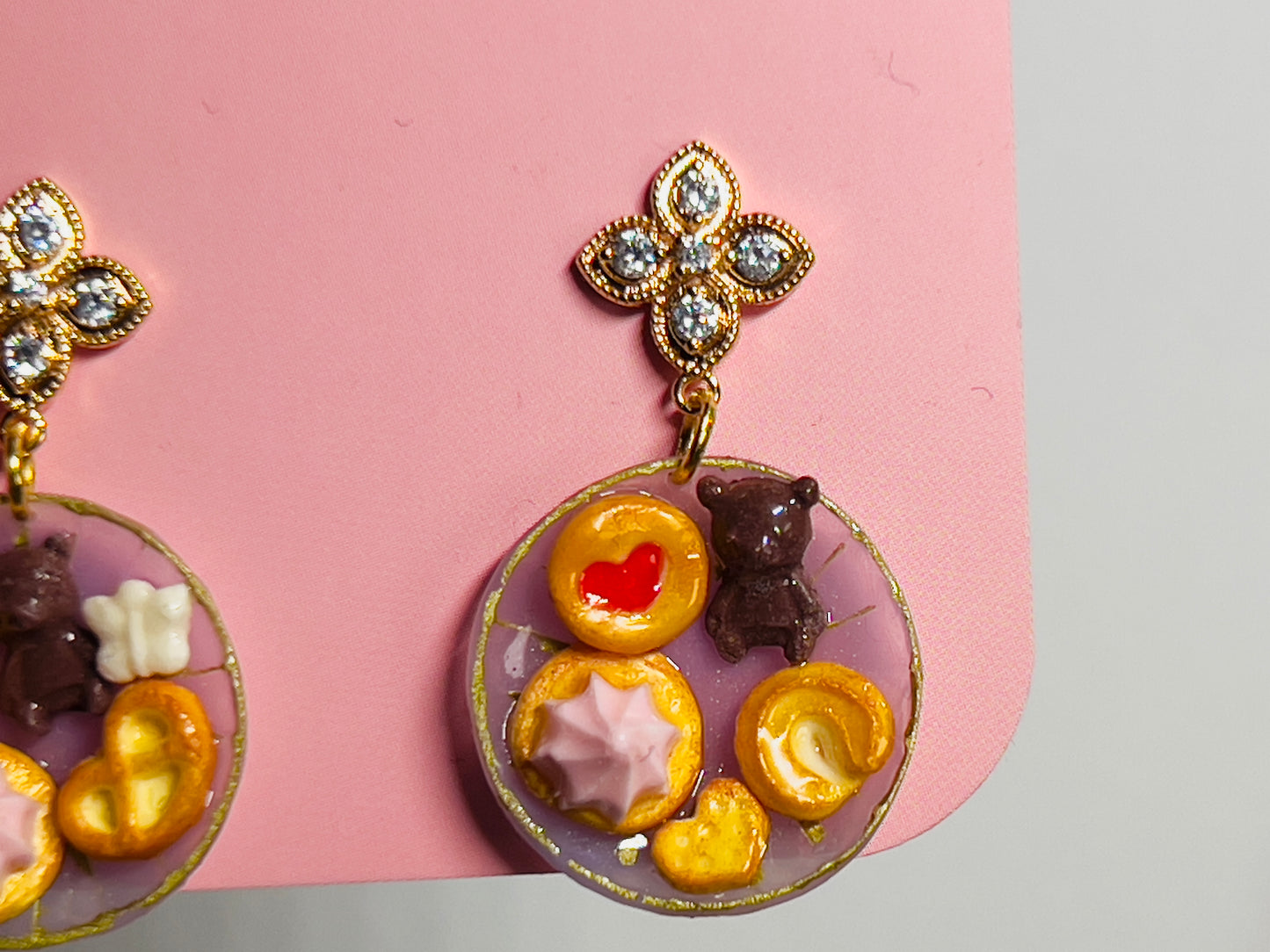 044 - Mini cookie and chocolate dangle earrings on light purple plate