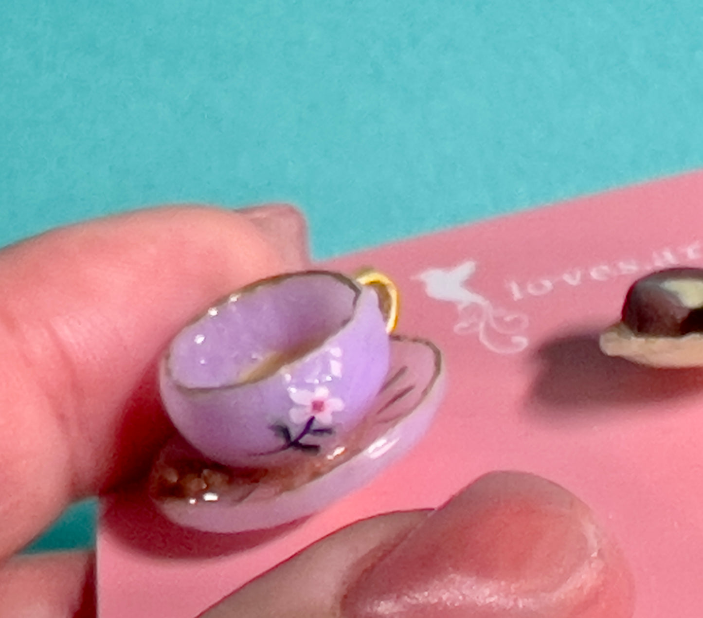 014 - Mini light purple teacup and yellow saucer of cookies