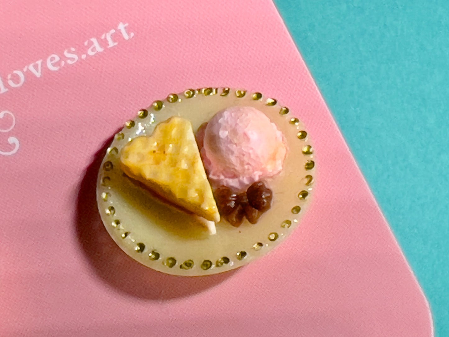012 - Mini white teacup, waffle, ice cream and chocolate on yellow saucer