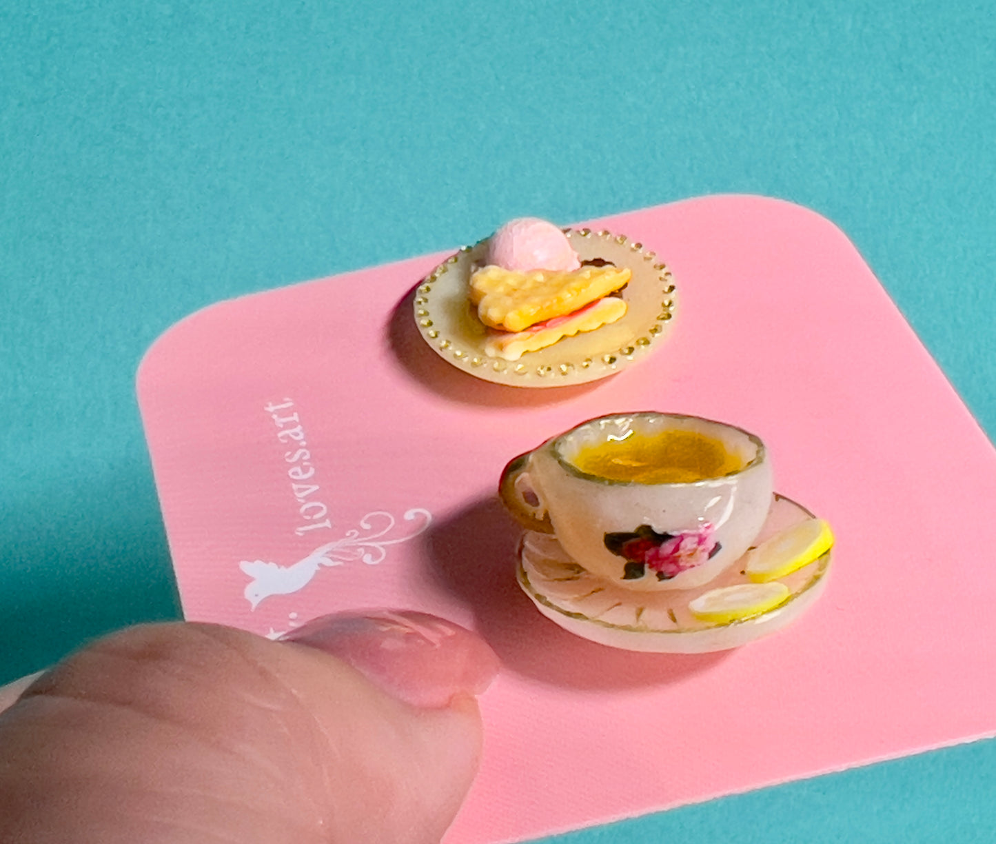 012 - Mini white teacup, waffle, ice cream and chocolate on yellow saucer