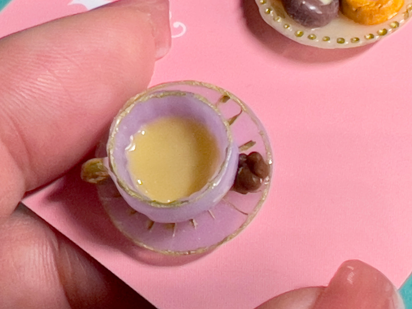 014 - Mini light purple teacup and yellow saucer of cookies