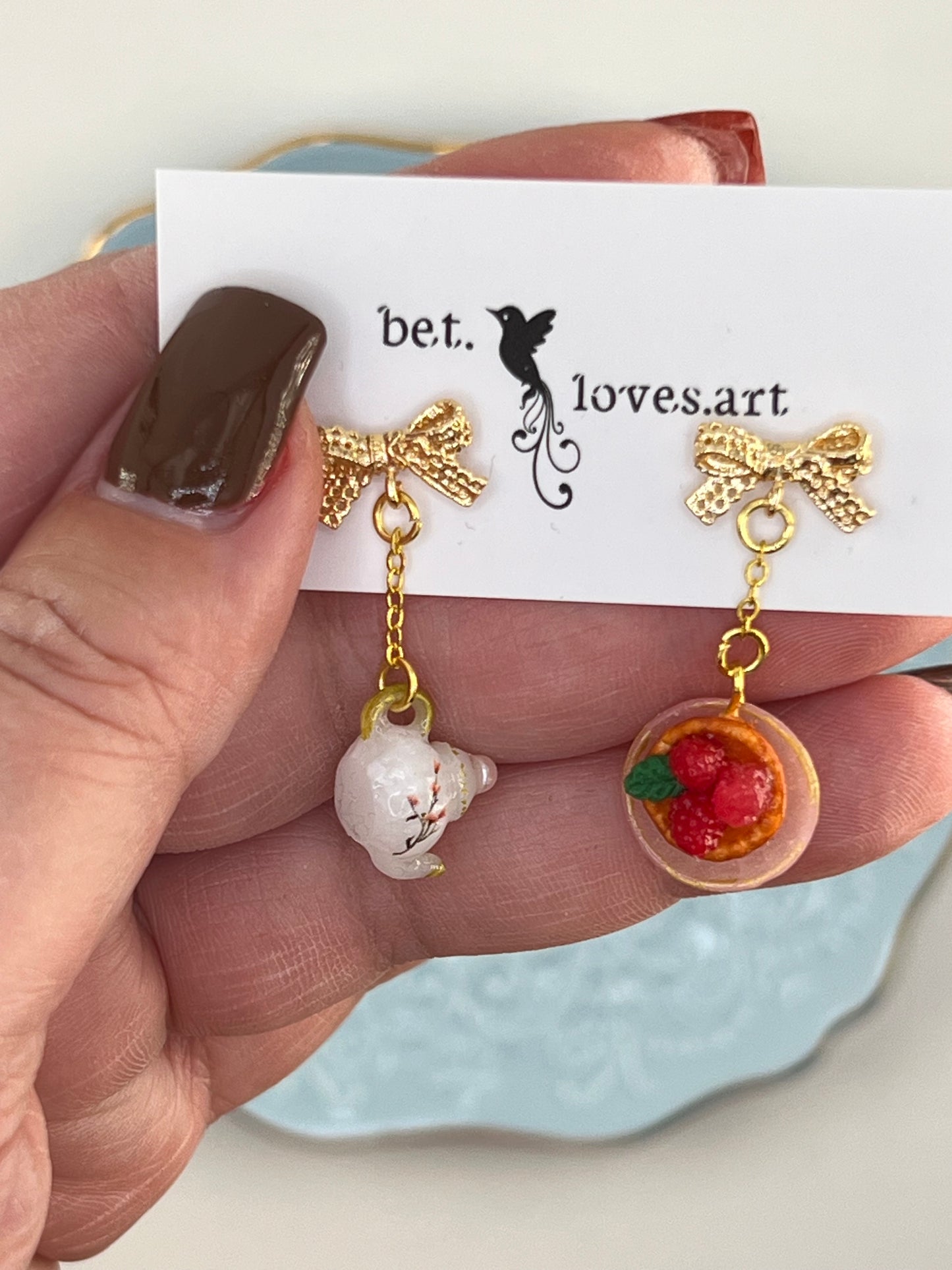 091 - Itsy bitsy teapot & raspberry tart earrings